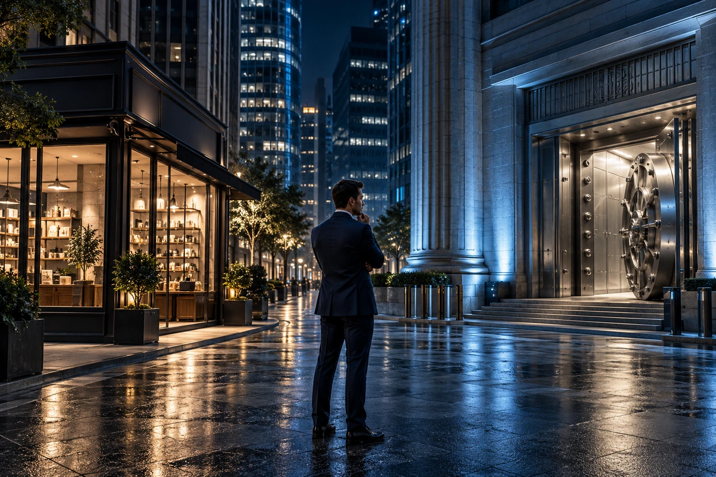An investor compares a working shop with a secure Treasury-like vault
