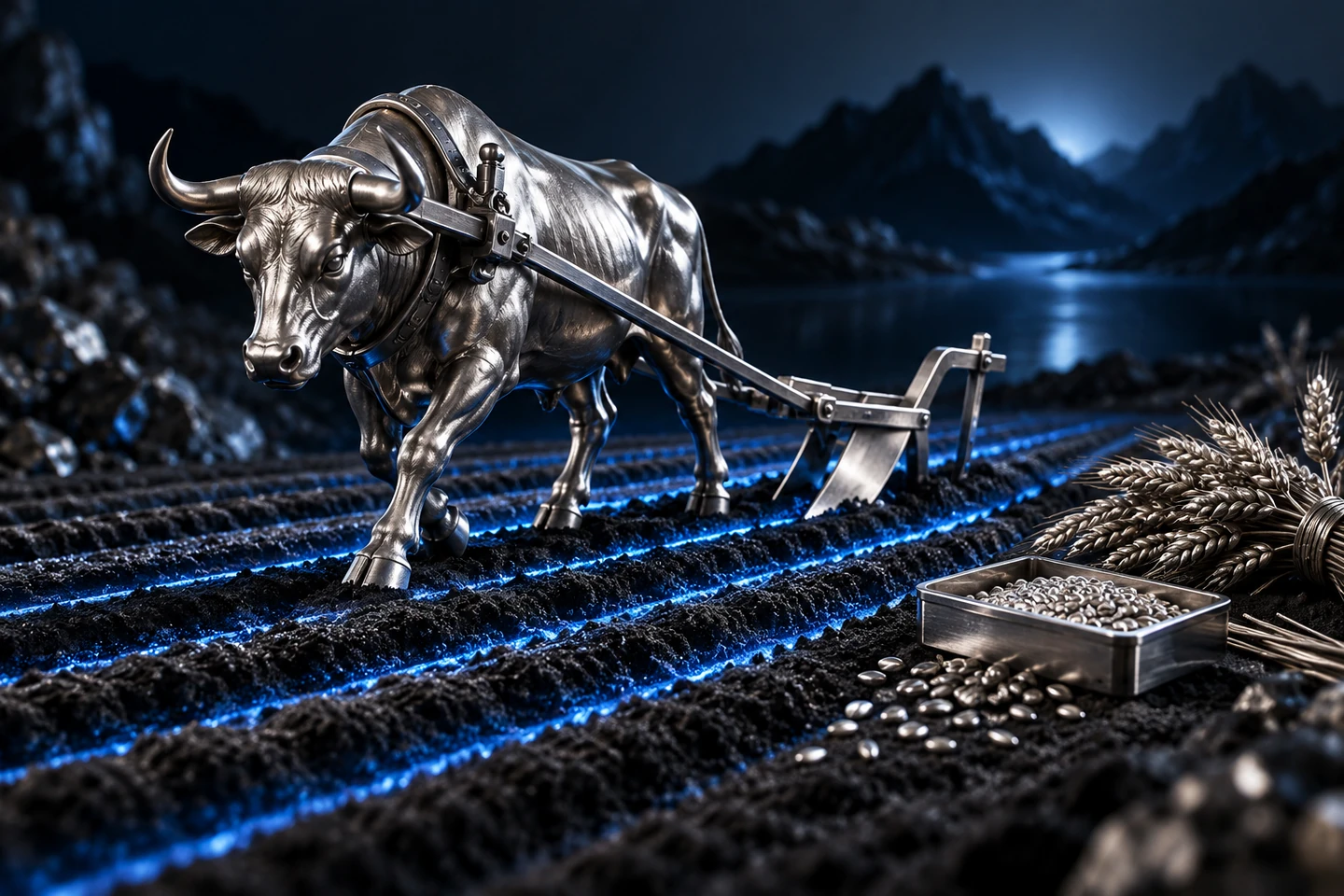 A silver ox pulls a metal plough through electric-blue illuminated furrows