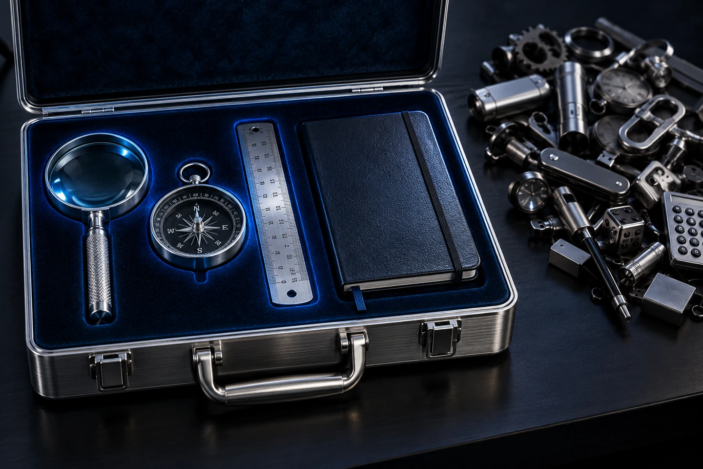 A silver precision instrument case holds a few purposeful tools beside unused extras