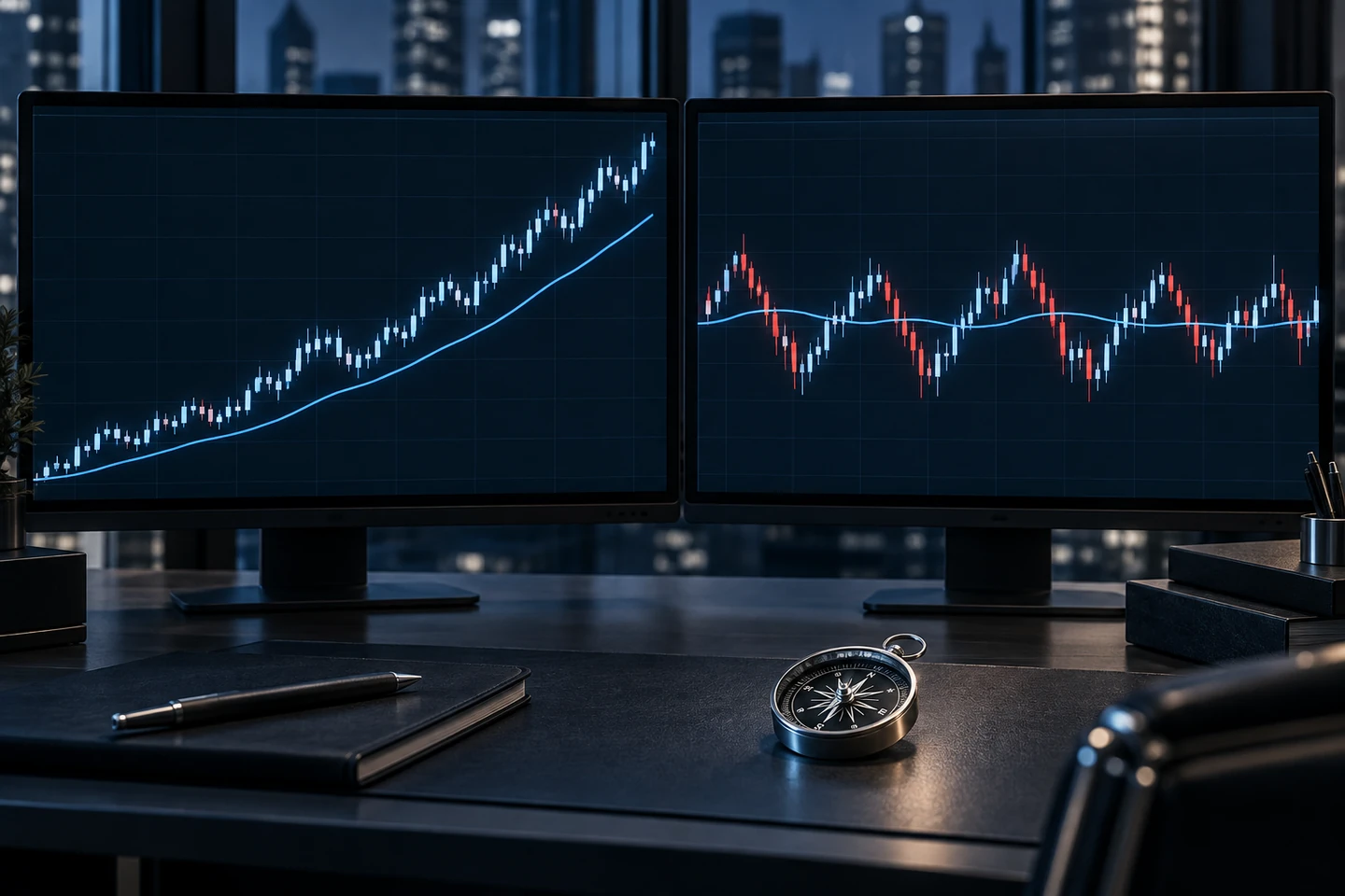 A trending chart above a rising moving average beside a ranging chart crossing a flat moving average