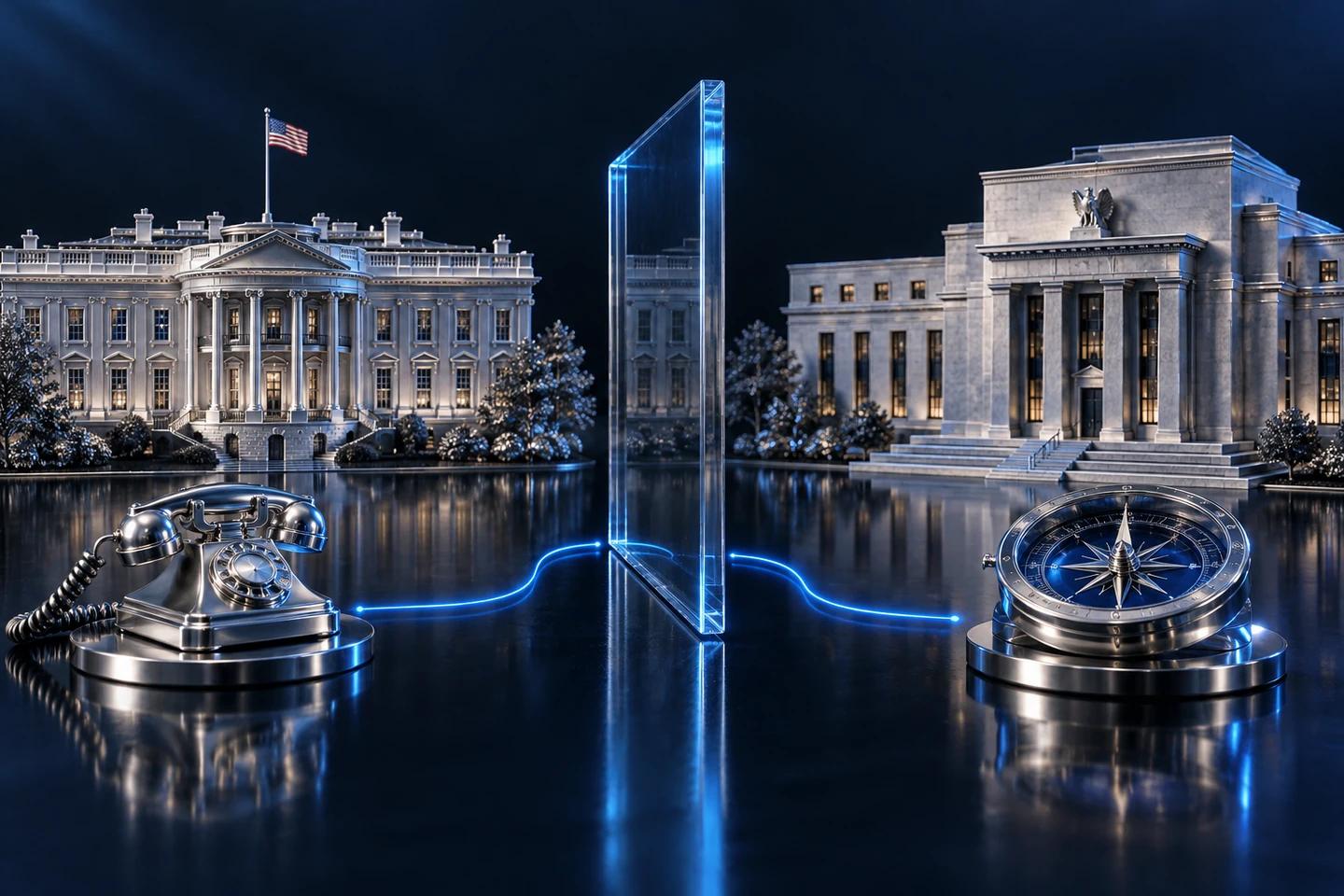 Silver White House and central bank buildings stand on opposite sides of a glass partition