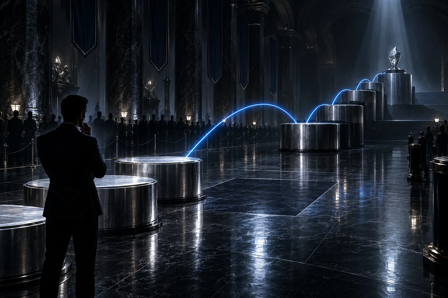 A trader studies an auction hall where an electric-blue path skips an empty zone