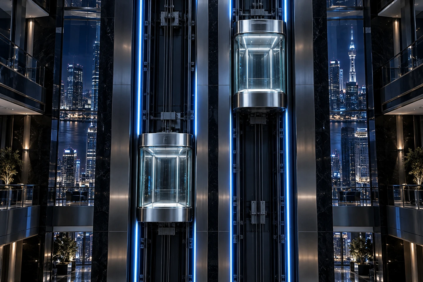 Two silver glass elevators at different heights illustrate relative currency performance