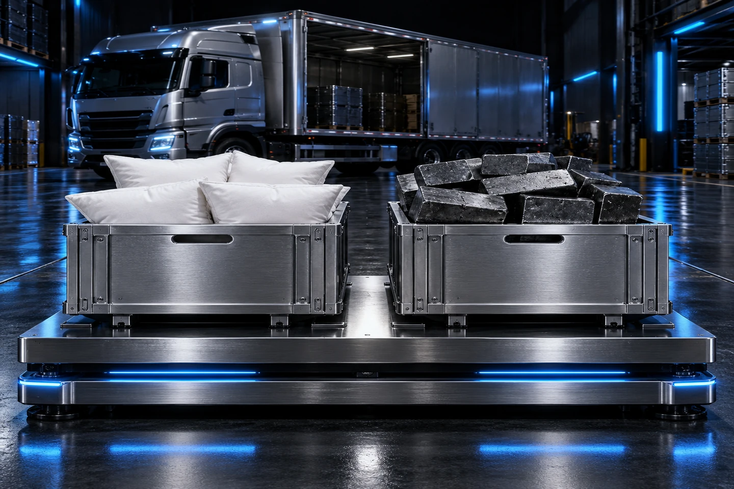 Matching silver cargo crates hold pillows and heavy bricks, illustrating why equal quantity does not mean equal risk
