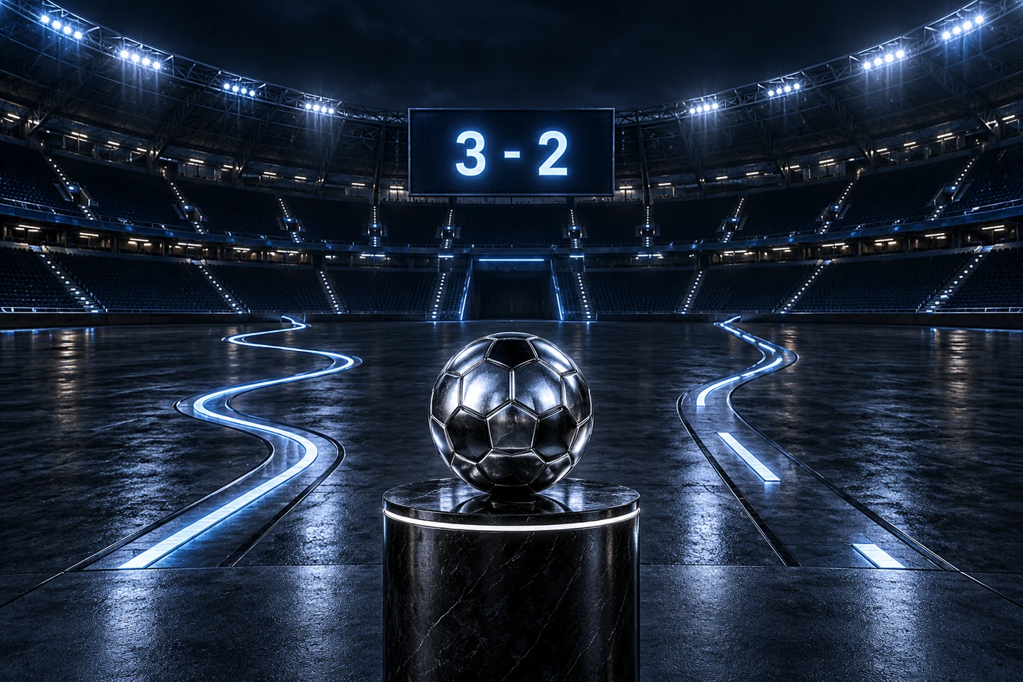 A silver football and stadium scoreboard illustrate why a final result does not reveal the whole match