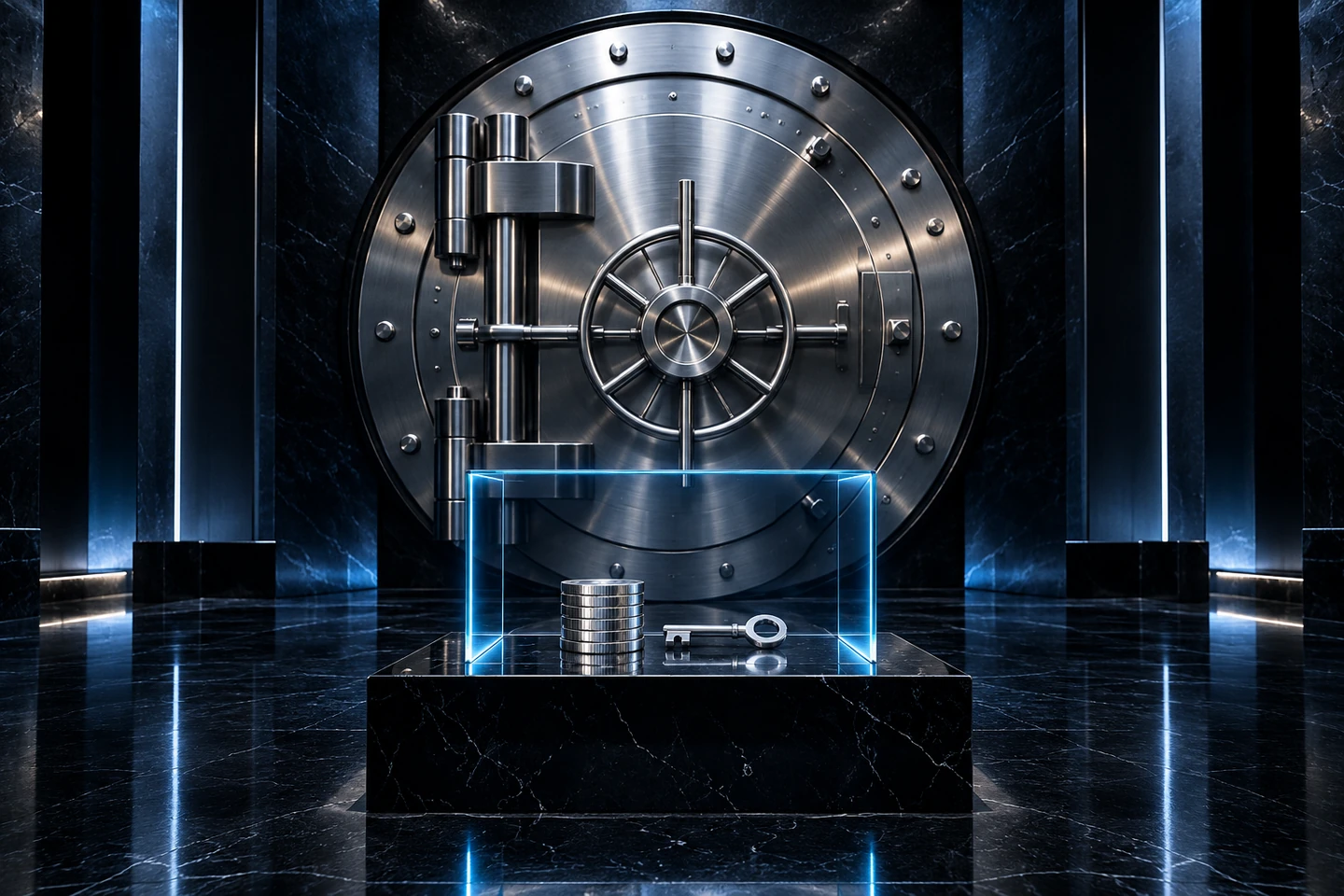 A silver vault protects savings while a small stack of coins and an access key represent limited evaluation exposure