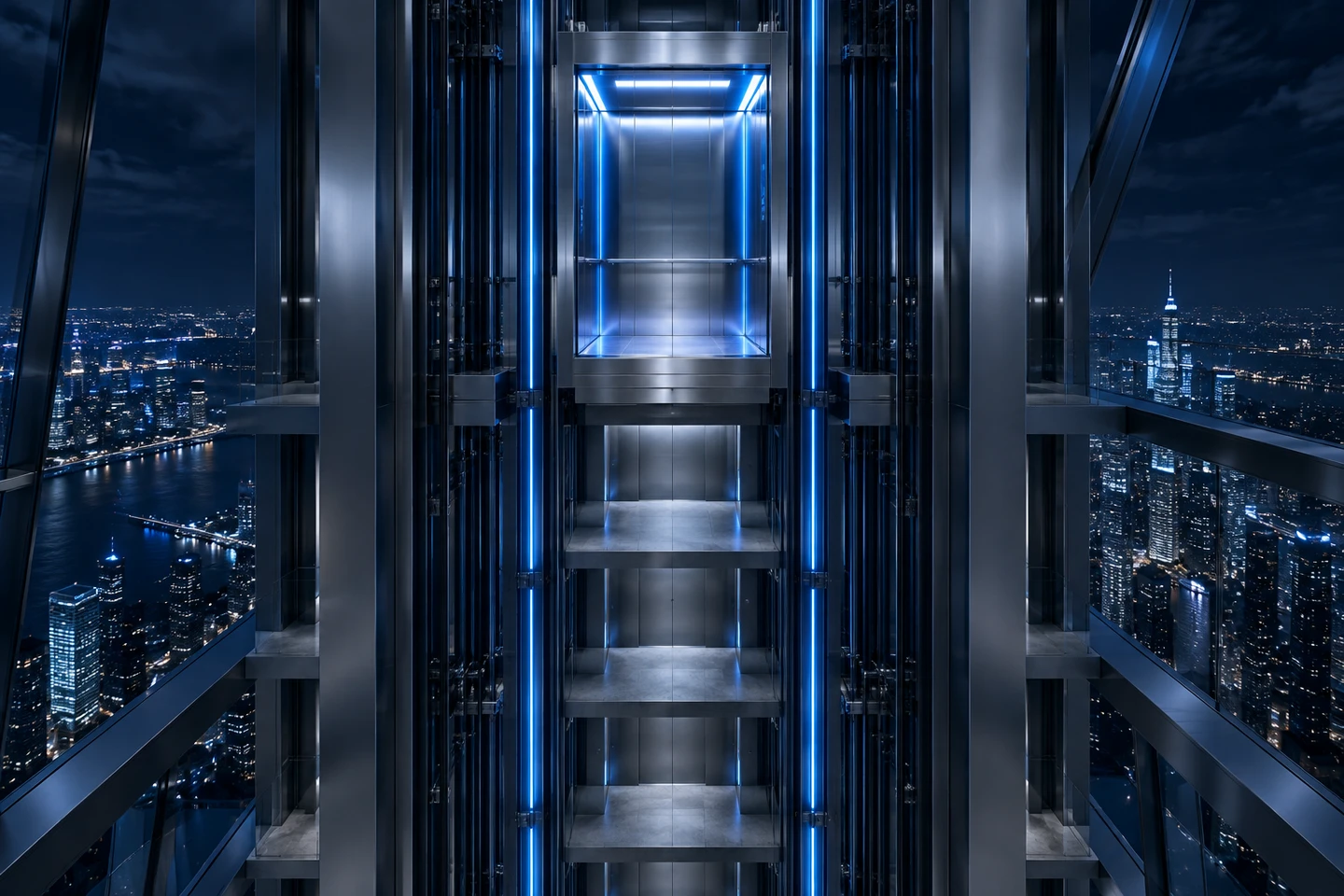 A silver elevator skips lower landings in an electric-blue illuminated tower