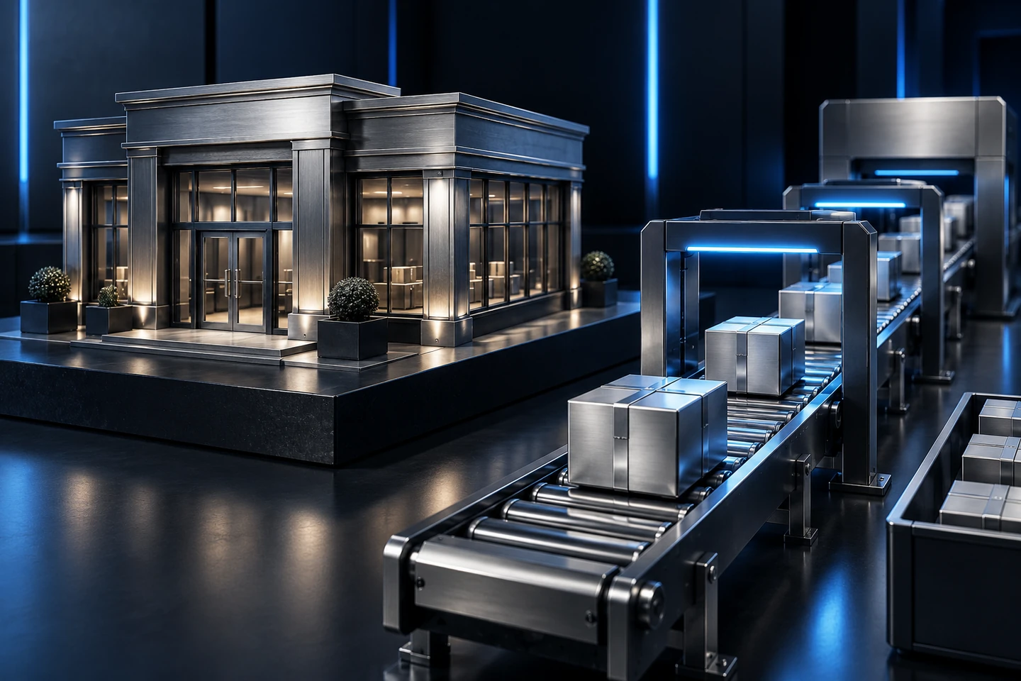 A silver shop building stands beside an electric-blue inventory conveyor