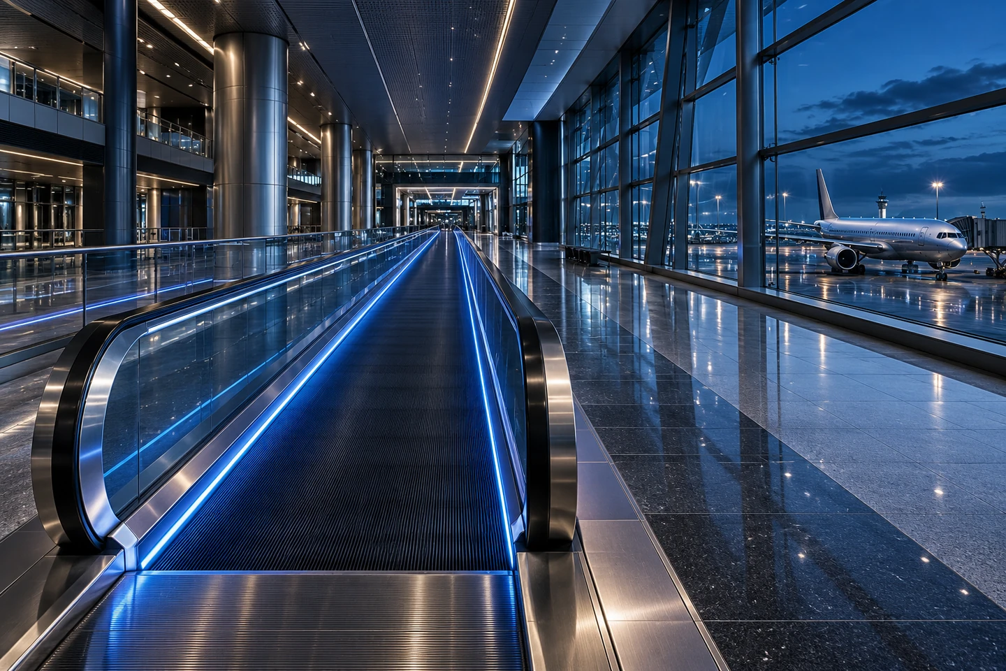 A silver airport moving walkway and a parallel stationary path illustrate market exposure versus individual stock selection