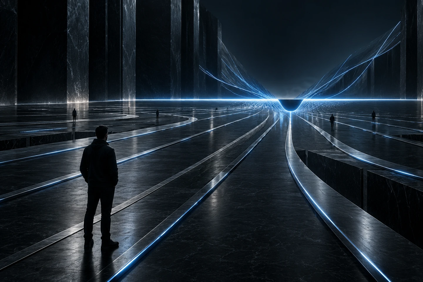 A trader watches clustered paths converge below an electric-blue threshold