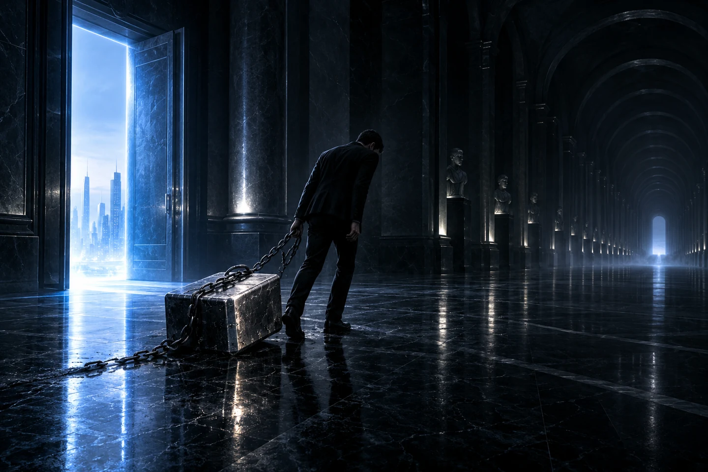A trader drags an anchored position past an open exit into a long dark corridor