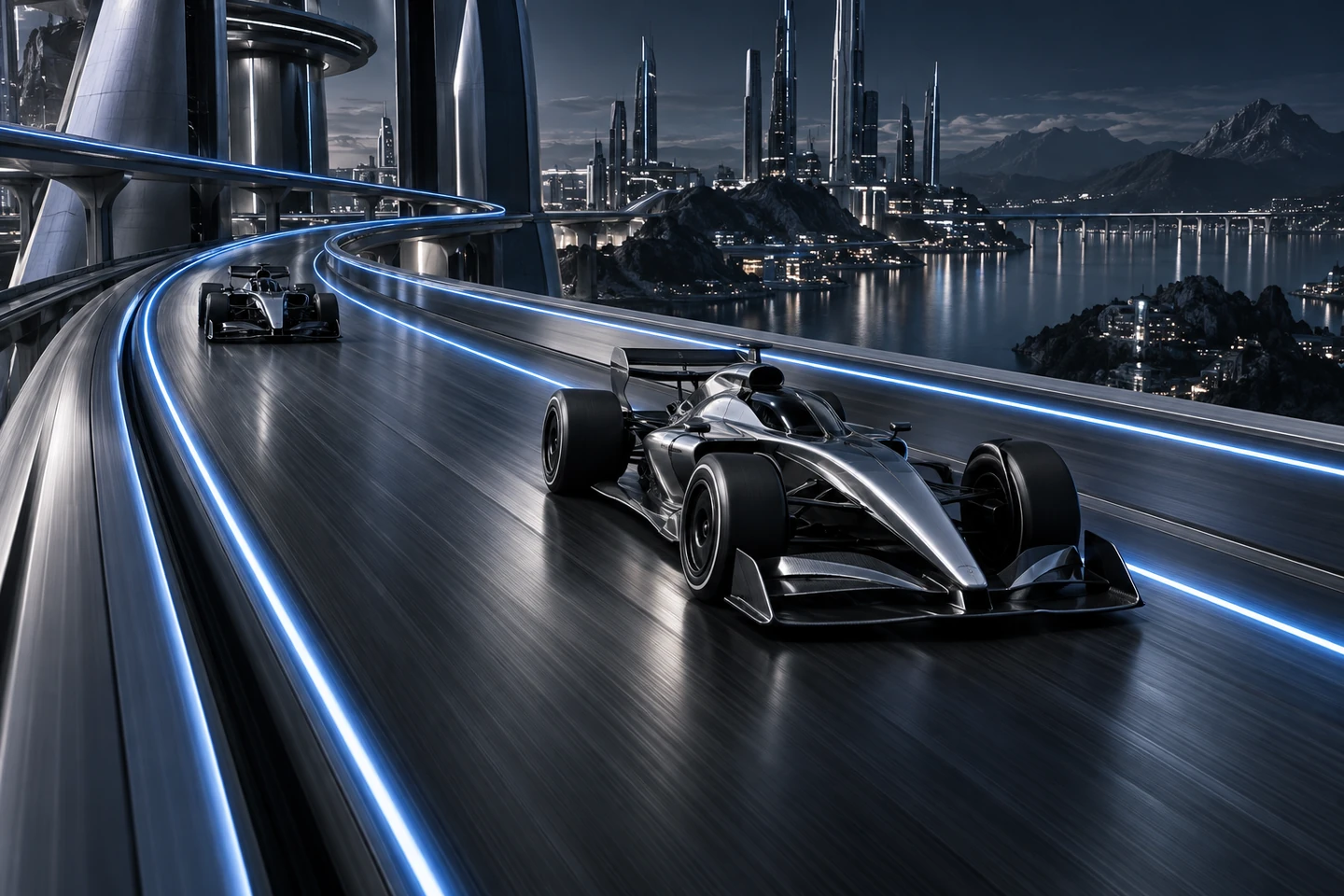Two silver race vehicles advance at different speeds on an electric-blue track