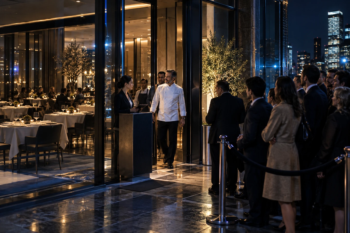 Guests queue outside a limited-seat restaurant as a celebrated chef arrives