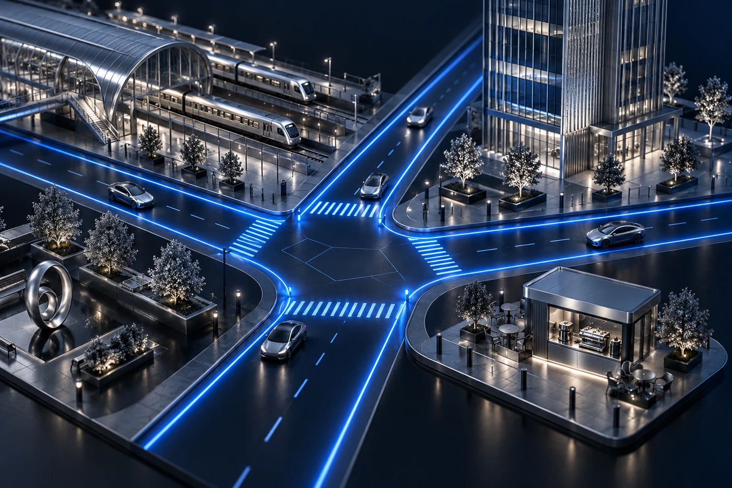 Electric-blue roads meet beside a silver train station, office tower and coffee kiosk