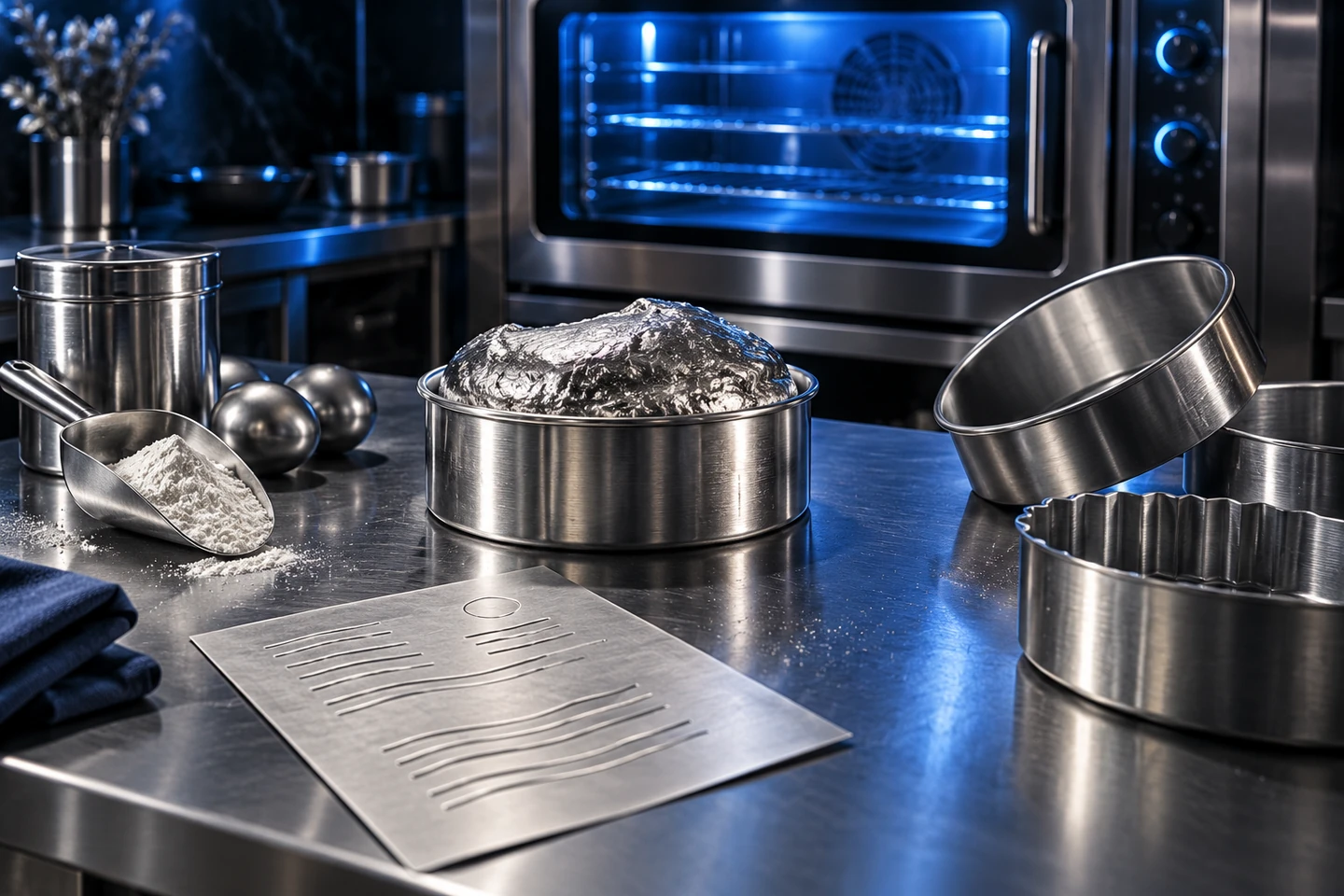 Silver cake tins, measured ingredients and an electric-blue oven represent testing a repeatable recipe
