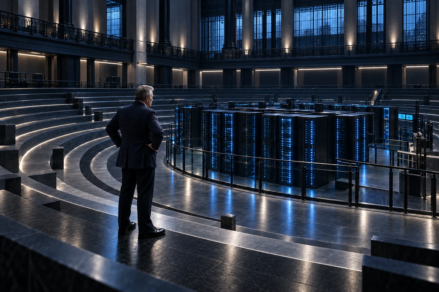 A lone floor trader faces server racks inside an abandoned open-outcry trading pit